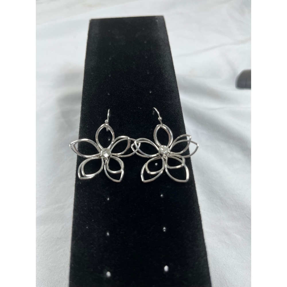 Silver Tone Openwork Flower Drop Earrings with Crystal Center Floral Dangles